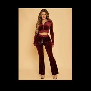 Burgundy Zip up hoodie and Flare leg pants Set